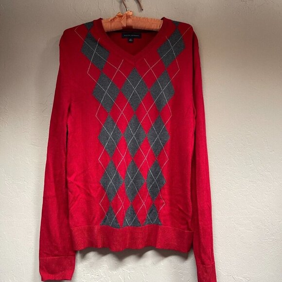 Banana Republic Mens Small Red Silk Cashmere V-Neck Argyle Pullover Sweater